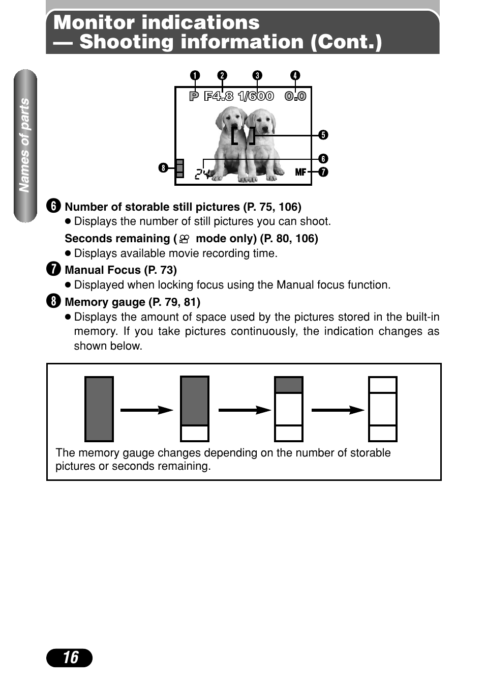 Monitor indications — shooting information (cont.) | Olympus C-40Zoom User Manual | Page 16 / 203