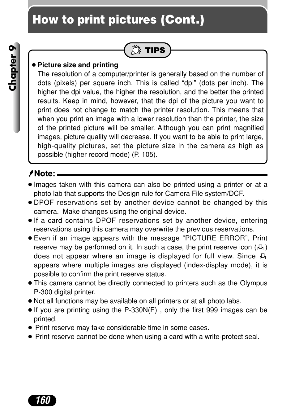 How to print pictures (cont.), Chapter 9 | Olympus C-40Zoom User Manual | Page 160 / 203