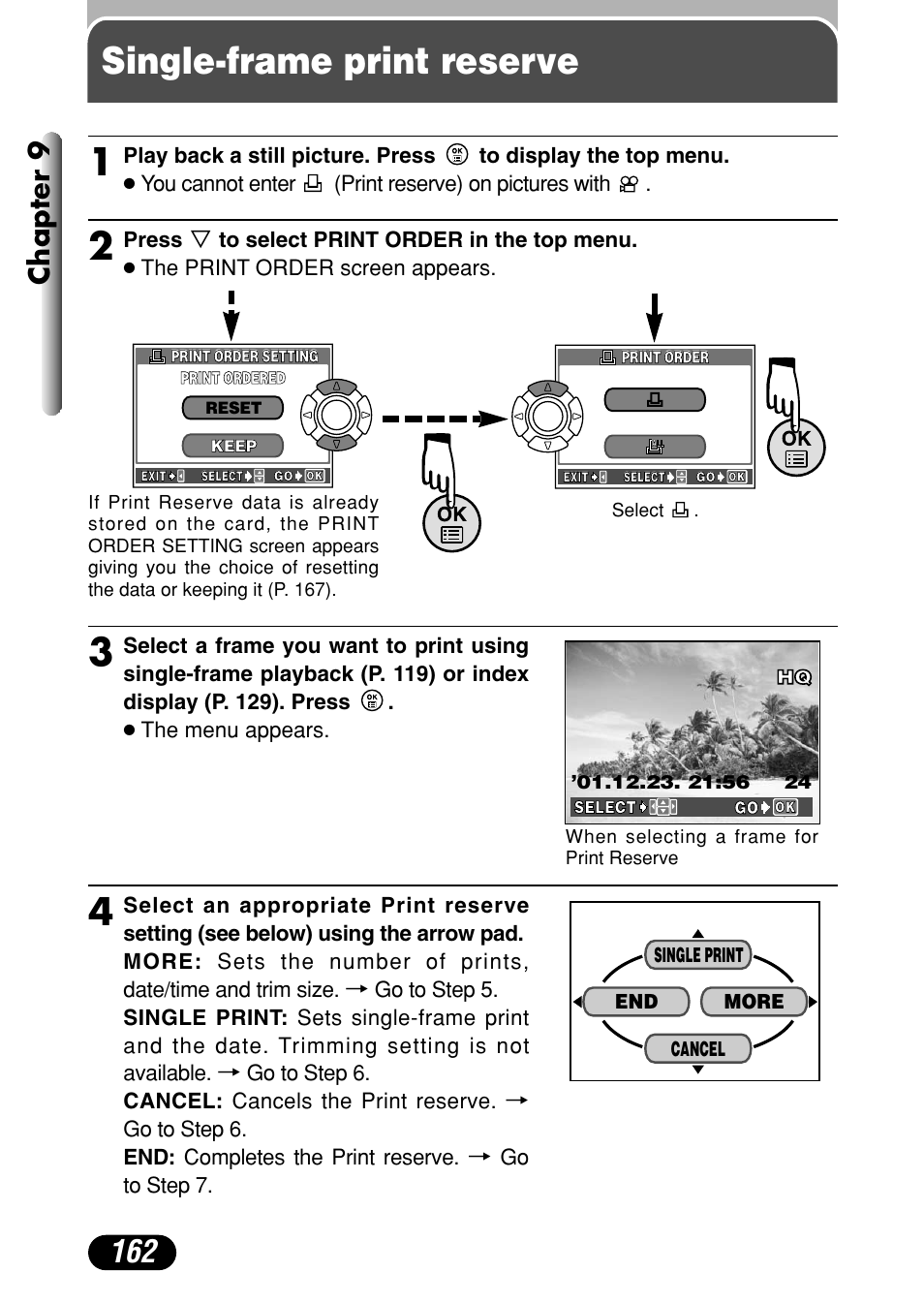 Single-frame print reserve, Single-frame print reserve 1, Chapter 9 | Olympus C-40Zoom User Manual | Page 162 / 203