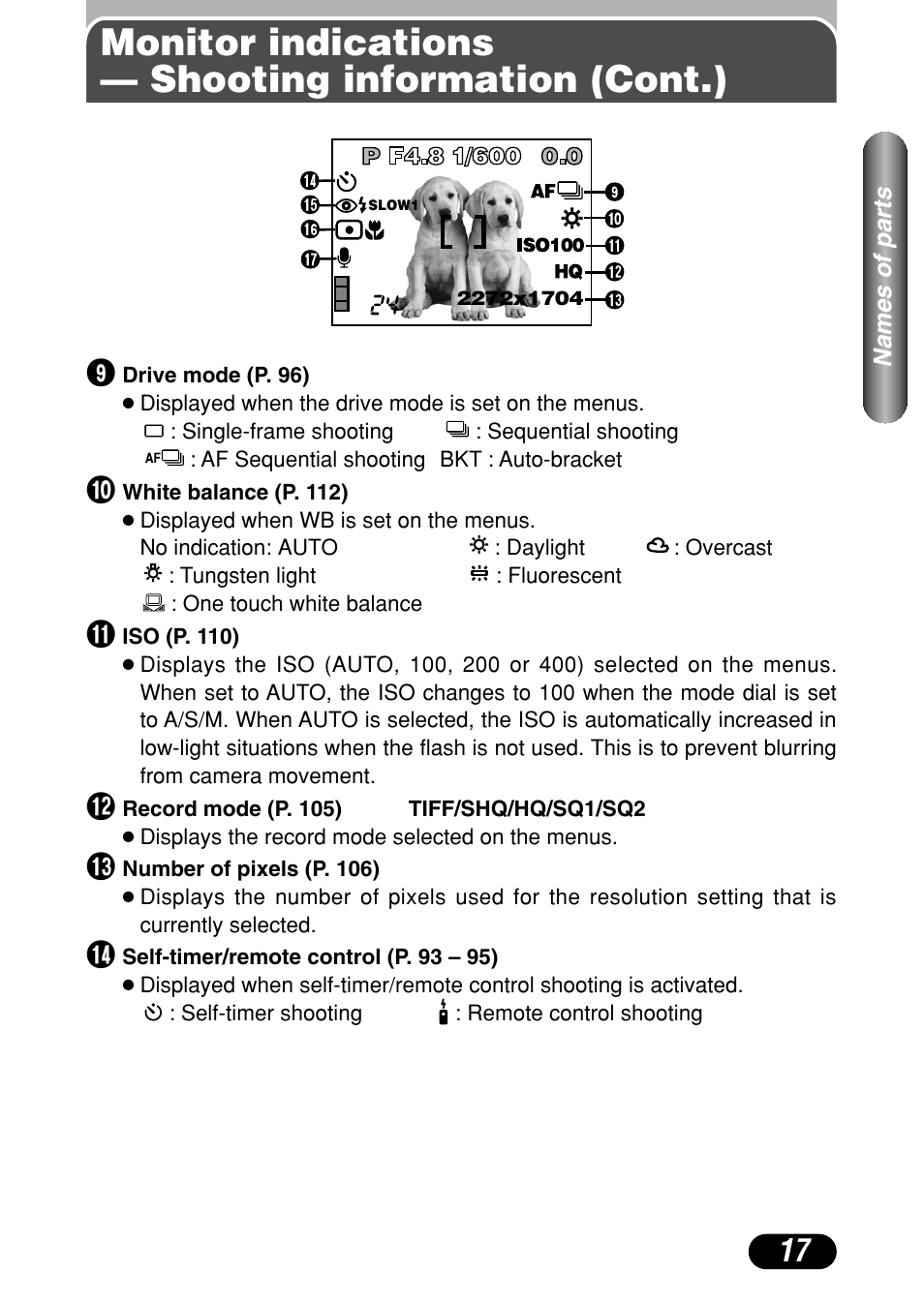 Monitor indications — shooting information (cont.) | Olympus C-40Zoom User Manual | Page 17 / 203