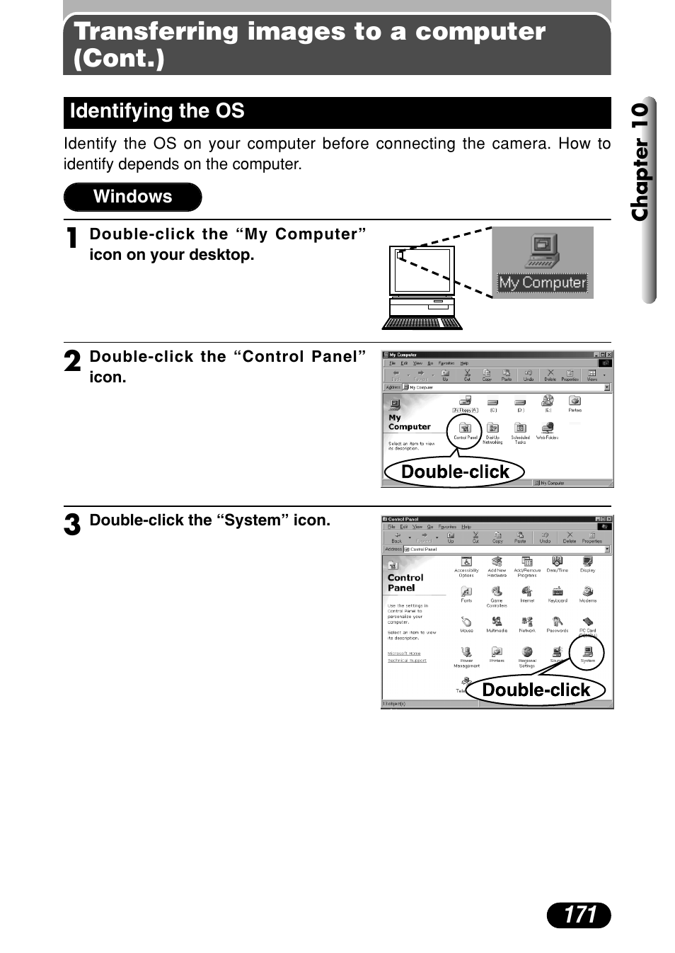 Identifying the os 171, Transferring images to a computer (cont.) | Olympus C-40Zoom User Manual | Page 171 / 203