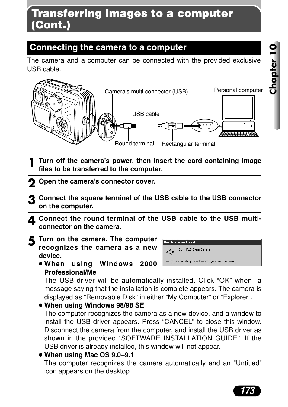 Connecting the camera to a computer 173, Transferring images to a computer (cont.) | Olympus C-40Zoom User Manual | Page 173 / 203