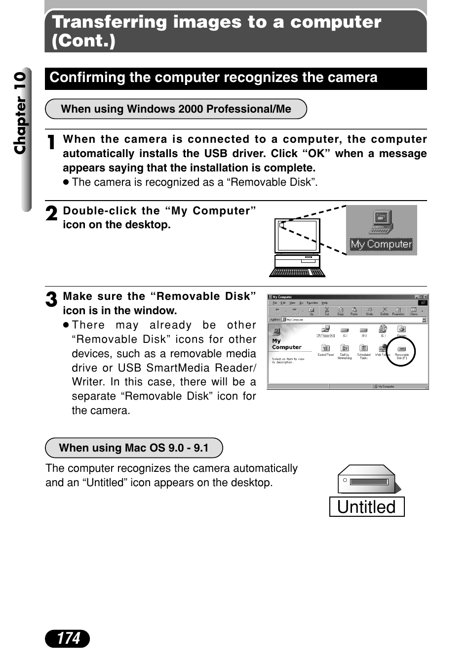 Confirming the computer recognizes the camera 174, Transferring images to a computer (cont.), Untitled | Olympus C-40Zoom User Manual | Page 174 / 203