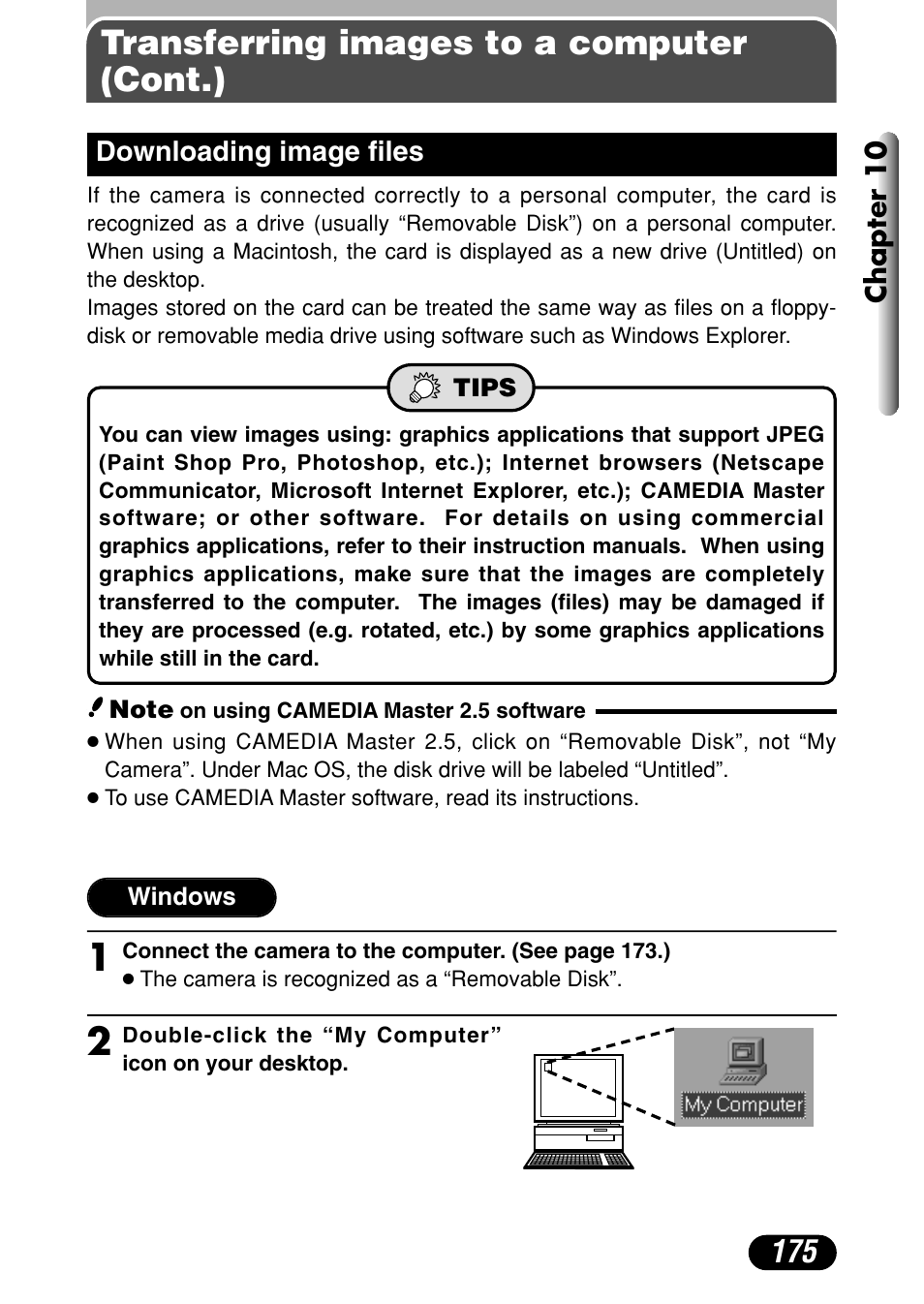 Downloading image files 175, Transferring images to a computer (cont.) | Olympus C-40Zoom User Manual | Page 175 / 203