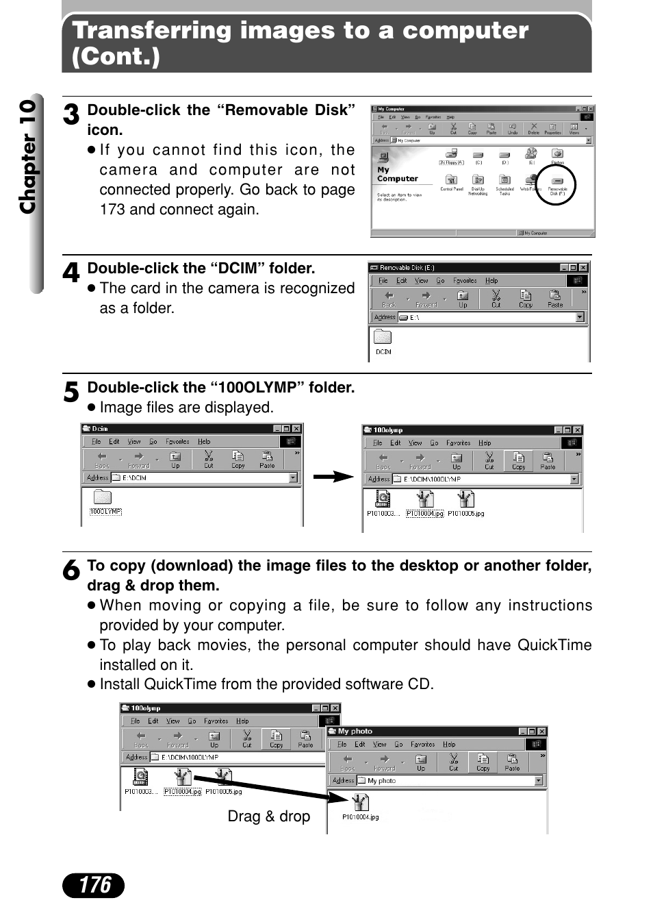 Transferring images to a computer (cont.) | Olympus C-40Zoom User Manual | Page 176 / 203