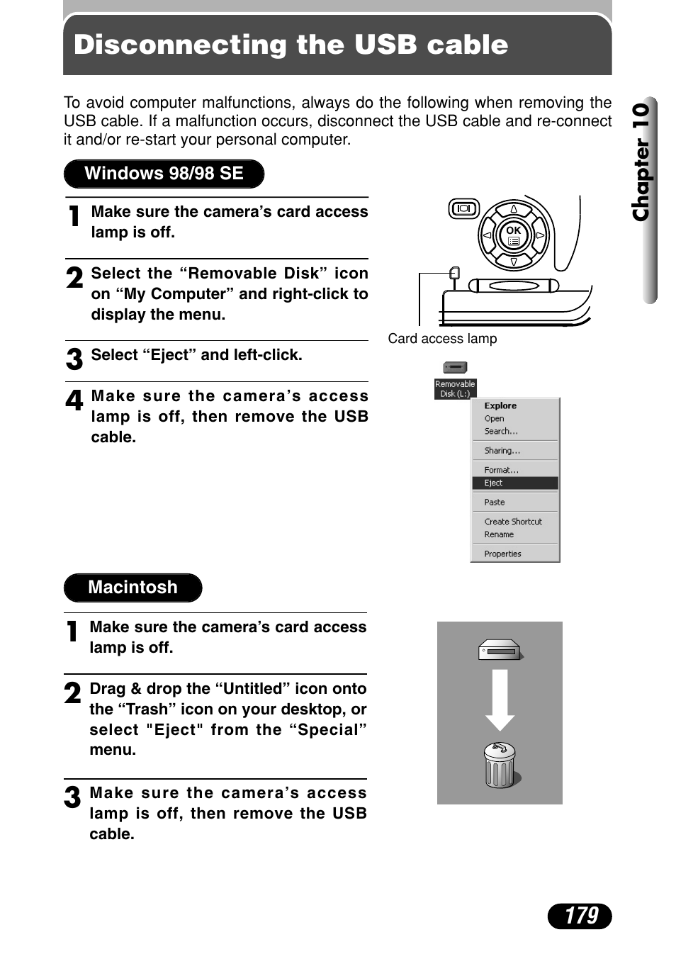 Disconnecting the usb cable | Olympus C-40Zoom User Manual | Page 179 / 203