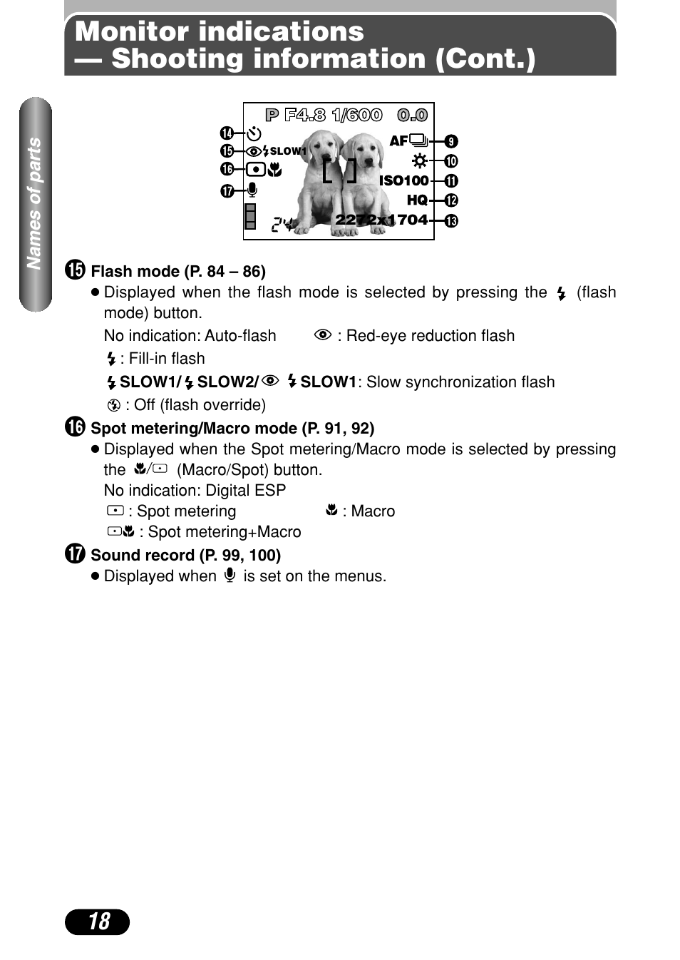 Monitor indications — shooting information (cont.) | Olympus C-40Zoom User Manual | Page 18 / 203