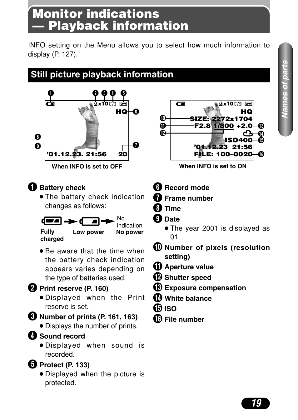 Monitor indications — playback information, Monitor indications — playback information 19, Still picture playback information 19 | Still picture playback information | Olympus C-40Zoom User Manual | Page 19 / 203