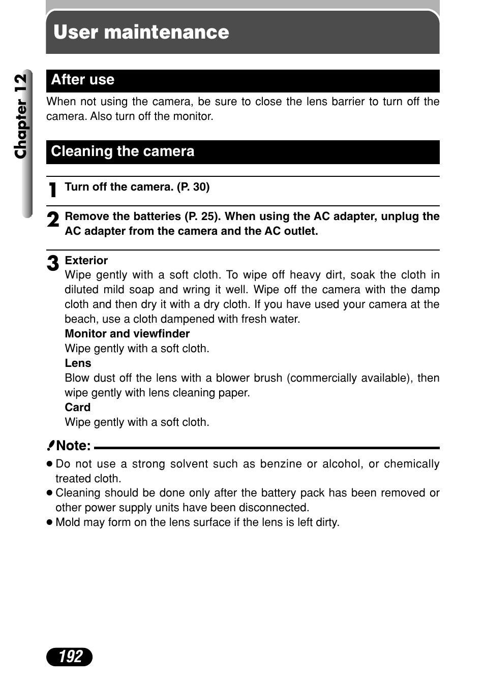 User maintenance, After use 192 cleaning the camera 192 | Olympus C-40Zoom User Manual | Page 192 / 203