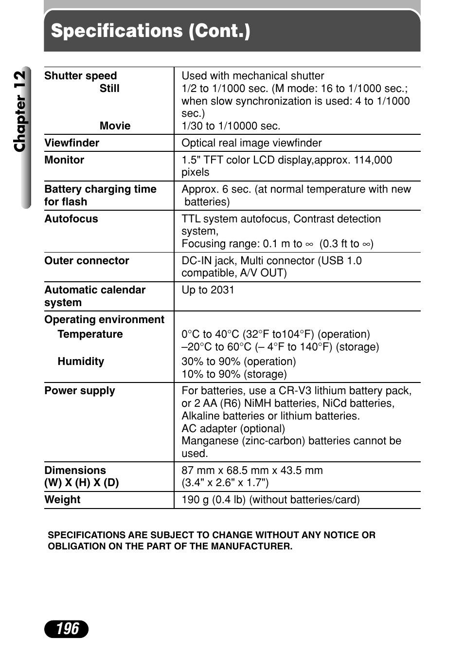 Specifications (cont.), Chapter 12 | Olympus C-40Zoom User Manual | Page 196 / 203