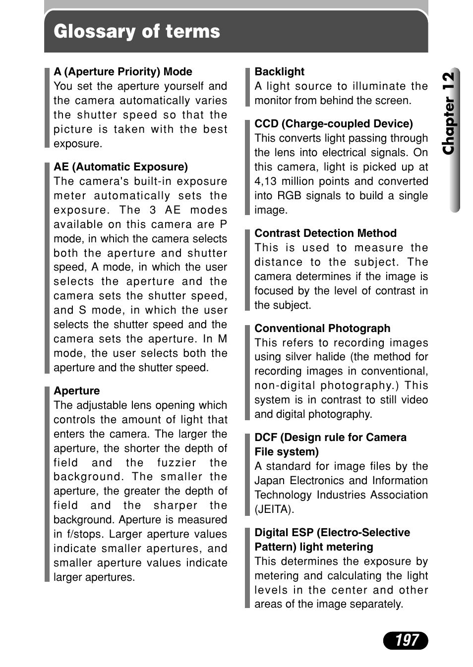 Glossary of terms, Chapter 12 | Olympus C-40Zoom User Manual | Page 197 / 203