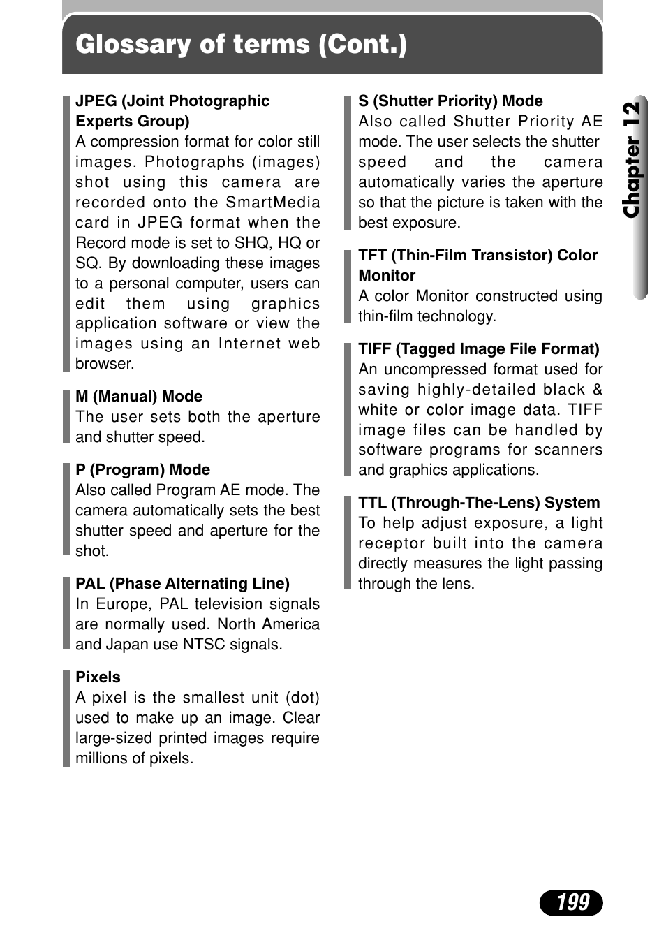 Glossary of terms (cont.), Chapter 12 | Olympus C-40Zoom User Manual | Page 199 / 203