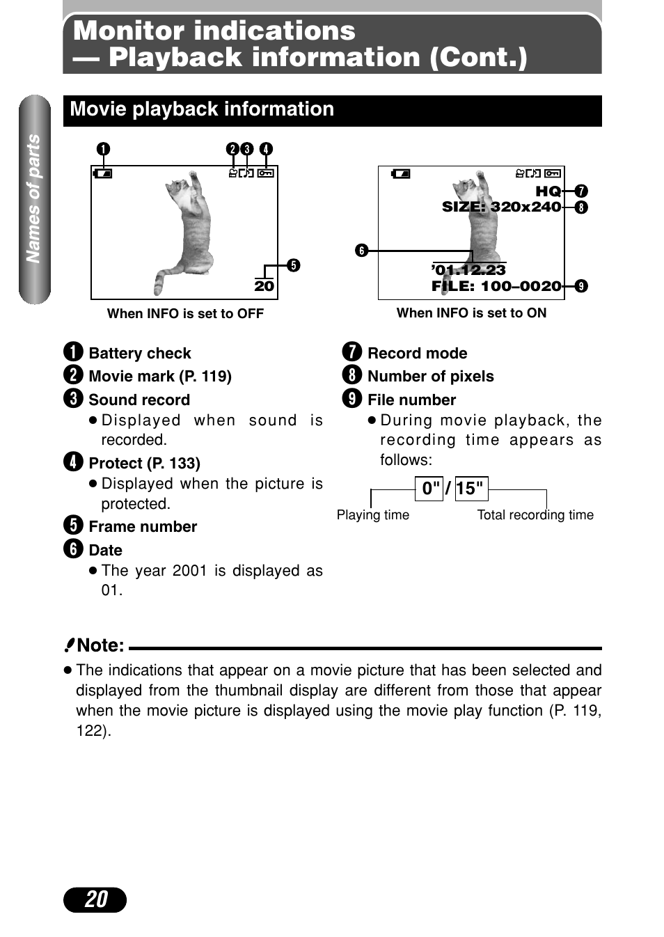 Movie playback information 20, Monitor indications — playback information (cont.), Movie playback information | Olympus C-40Zoom User Manual | Page 20 / 203