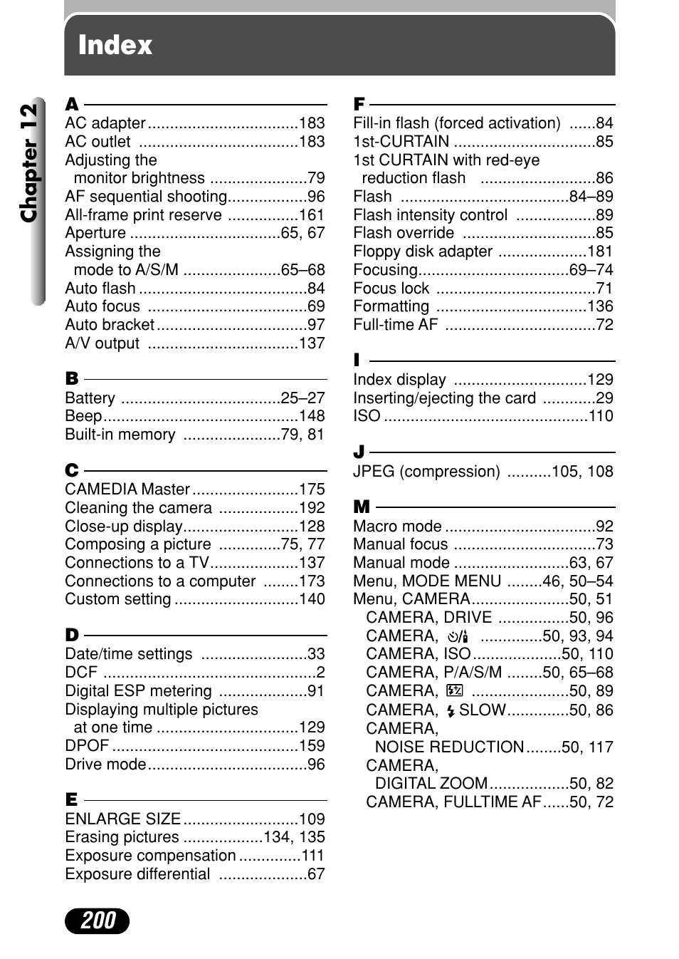 Index, Chapter 12 | Olympus C-40Zoom User Manual | Page 200 / 203