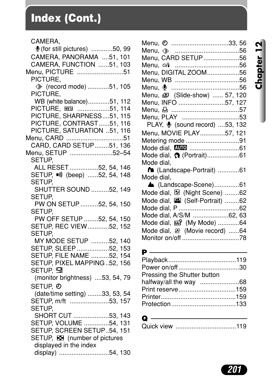 Index (cont.), Chapter 12 | Olympus C-40Zoom User Manual | Page 201 / 203