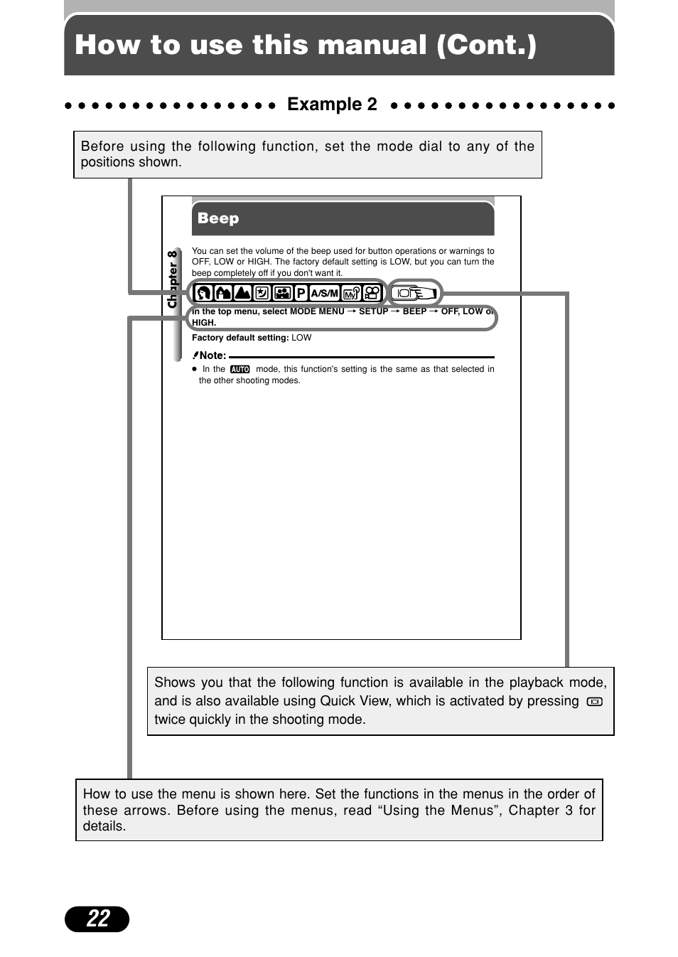 How to use this manual (cont.), Example 2 | Olympus C-40Zoom User Manual | Page 22 / 203