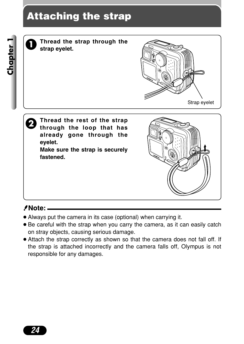 Attaching the strap | Olympus C-40Zoom User Manual | Page 24 / 203