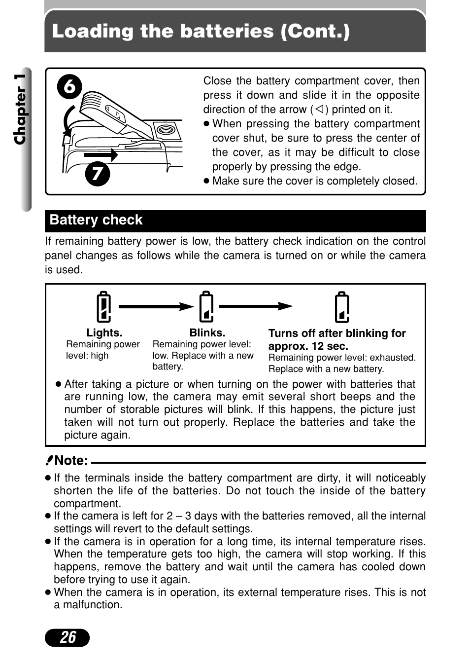 Battery check 26, Loading the batteries (cont.), Chapter 1 | Battery check | Olympus C-40Zoom User Manual | Page 26 / 203