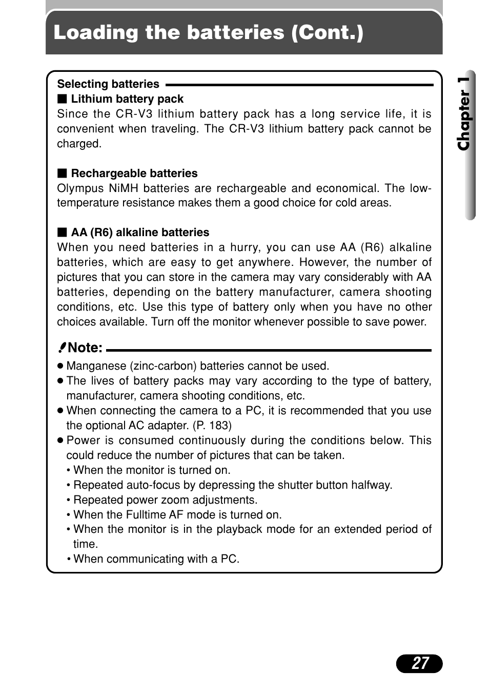 Loading the batteries (cont.), Chapter 1 | Olympus C-40Zoom User Manual | Page 27 / 203