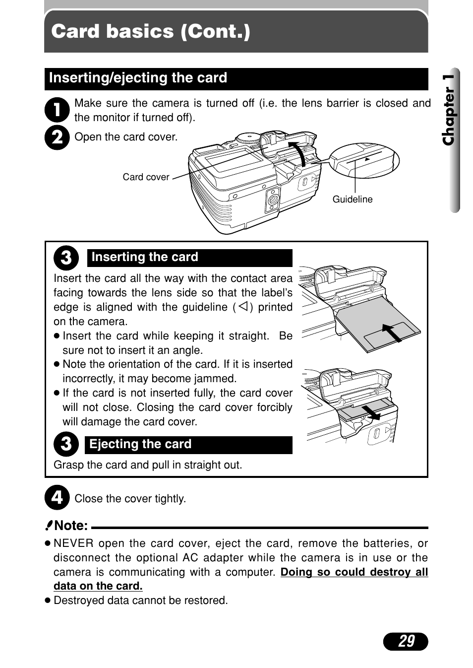 Inserting/ejecting the card 29, Card basics (cont.) | Olympus C-40Zoom User Manual | Page 29 / 203