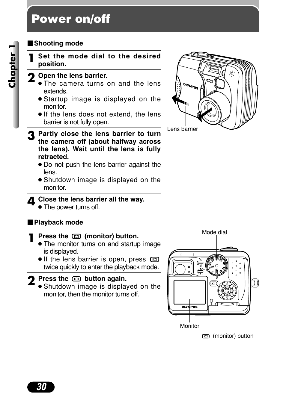 Power on/off, Chapter 1 | Olympus C-40Zoom User Manual | Page 30 / 203