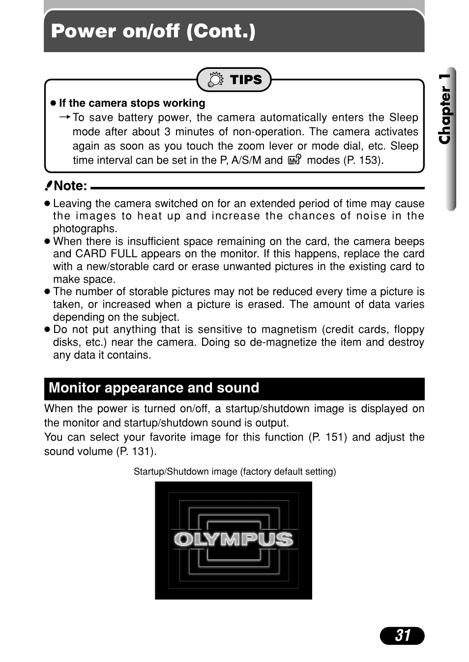 Monitor appearance and sound 31, Power on/off (cont.), Chapter 1 | Monitor appearance and sound | Olympus C-40Zoom User Manual | Page 31 / 203