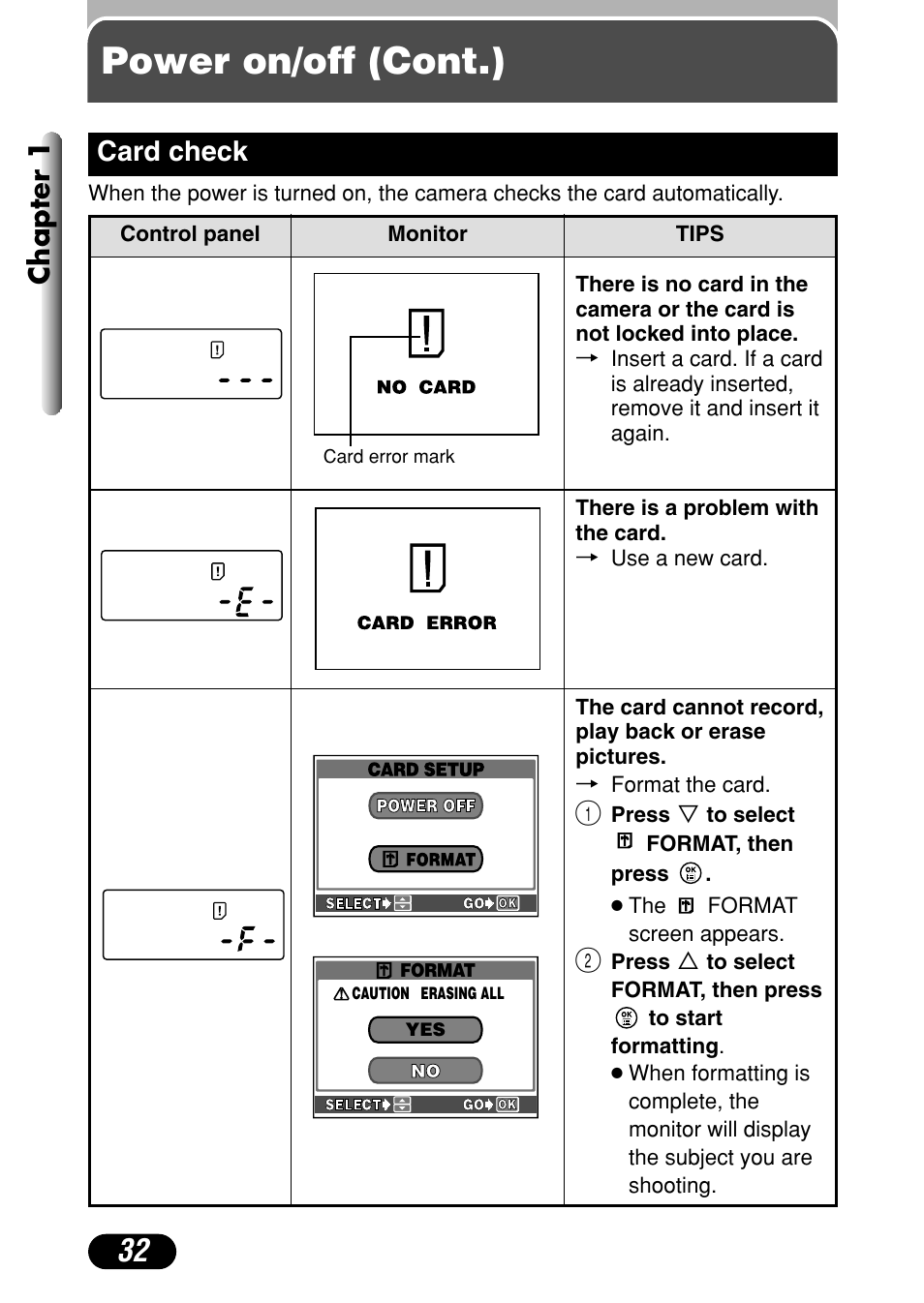 Card check 32, Power on/off (cont.), Chapter 1 | Card check | Olympus C-40Zoom User Manual | Page 32 / 203