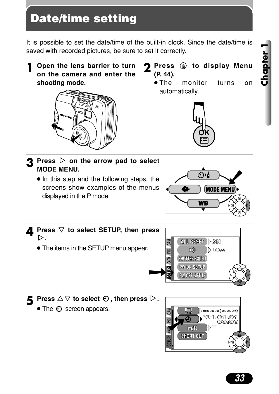Date/time setting, Chapter 1 | Olympus C-40Zoom User Manual | Page 33 / 203