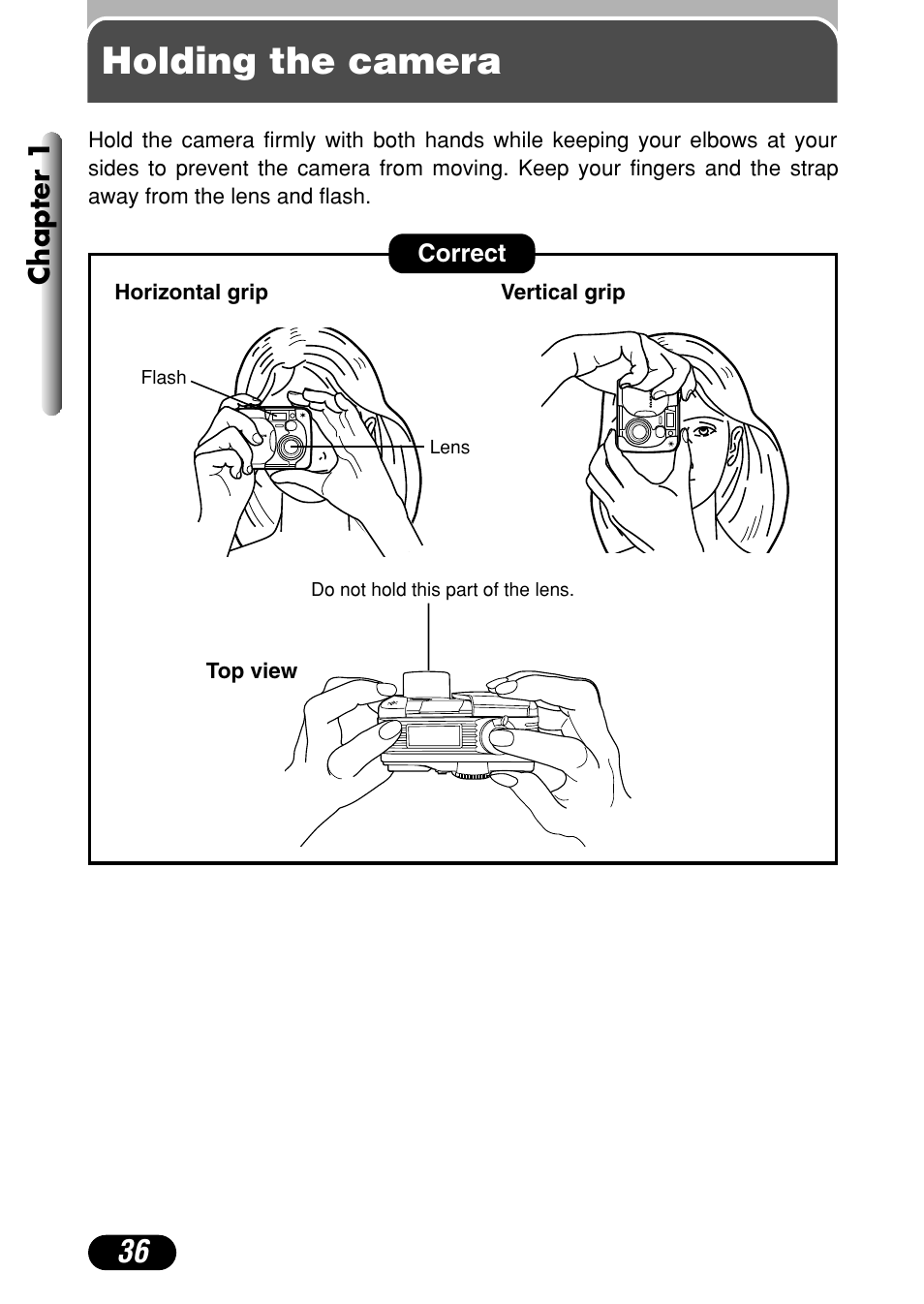 Holding the camera, Chapter 1 | Olympus C-40Zoom User Manual | Page 36 / 203