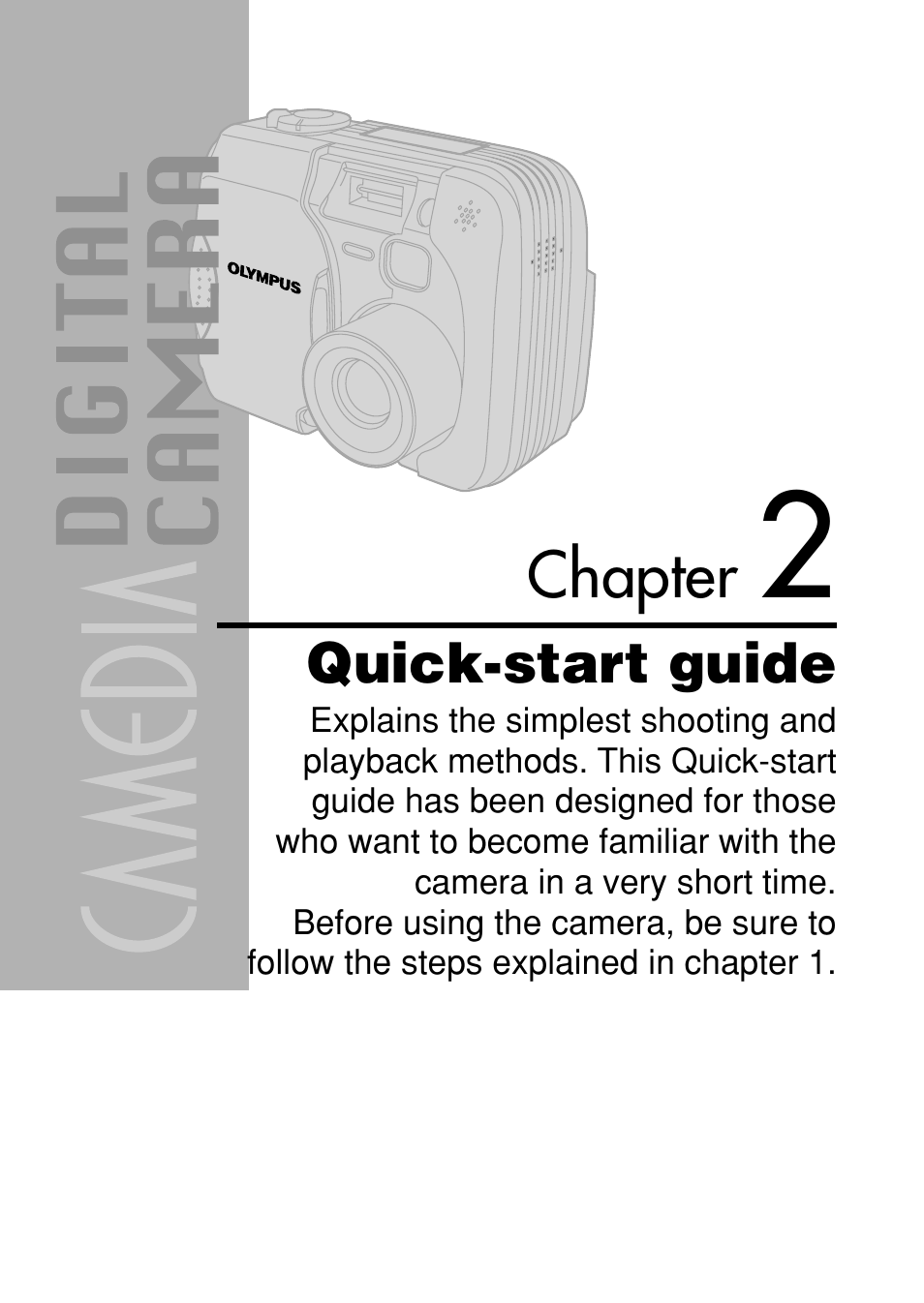 Chapter 2 quick-start guide, Quick-start guide, Chapter | Olympus C-40Zoom User Manual | Page 37 / 203