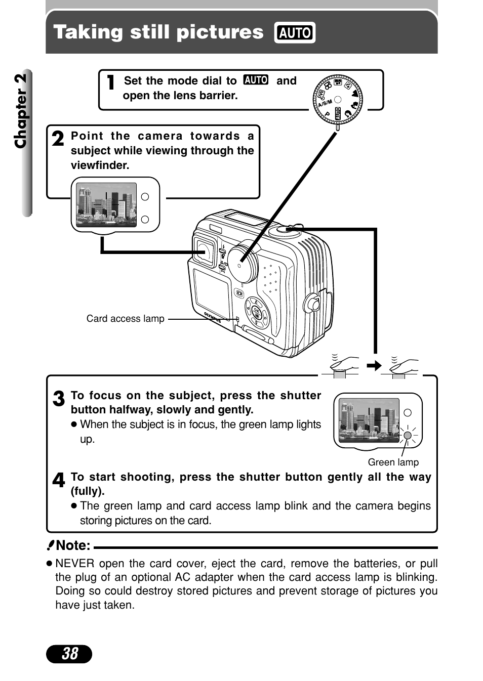 Taking still pictures | Olympus C-40Zoom User Manual | Page 38 / 203