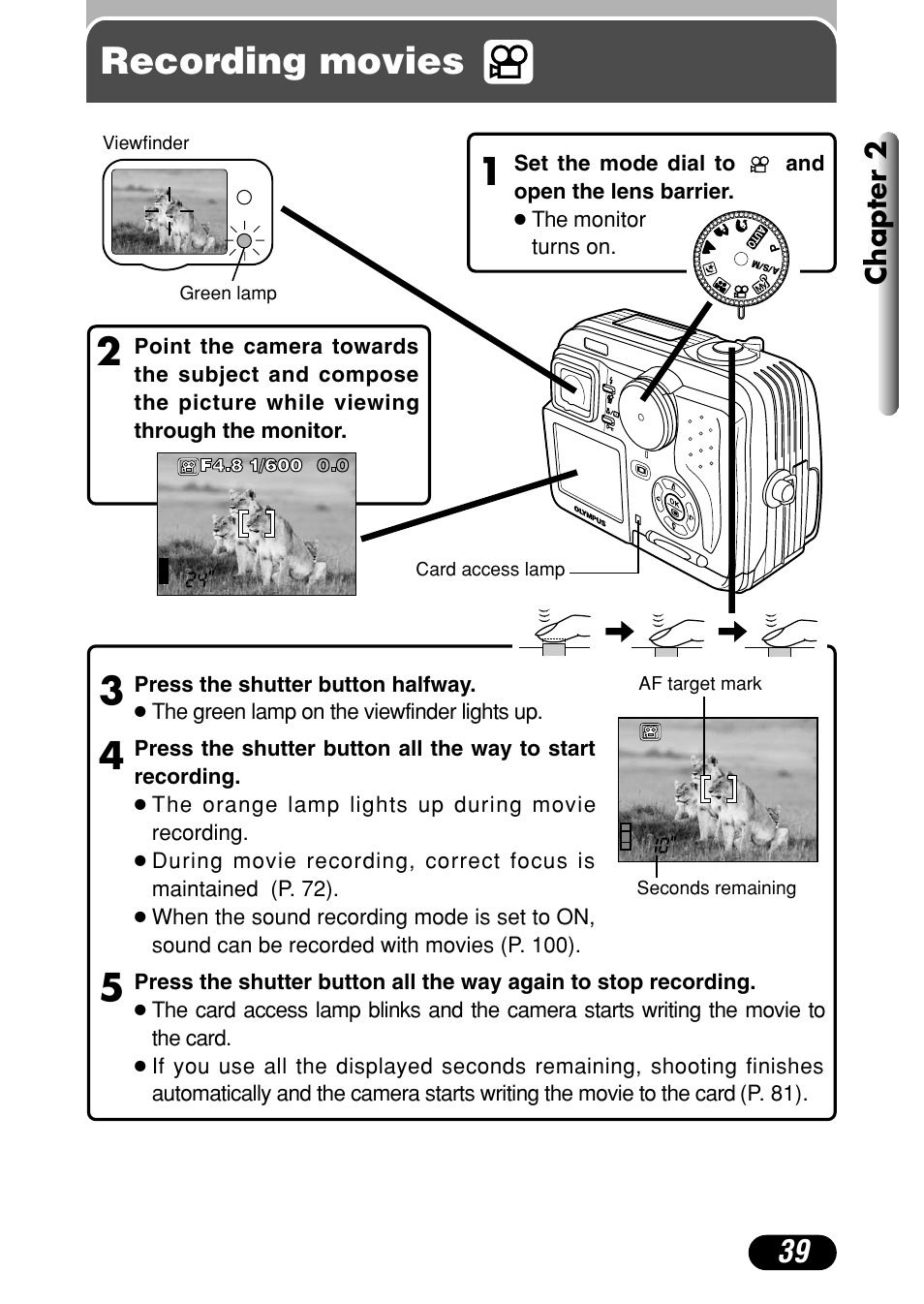 Recording movies, 34 5 recording movies | Olympus C-40Zoom User Manual | Page 39 / 203