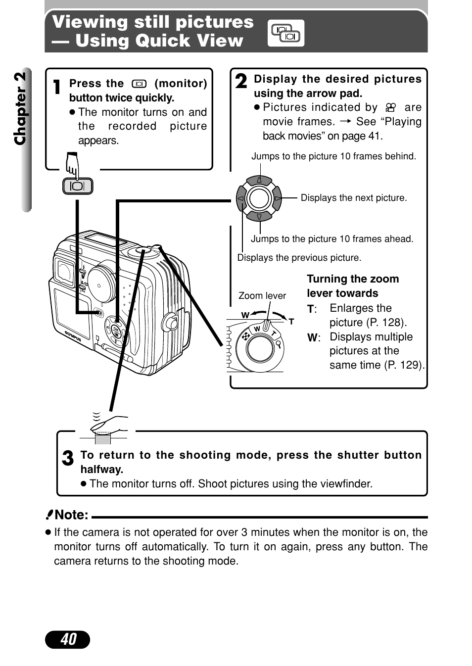 Viewing still pictures — using quick view, Chapter 2 | Olympus C-40Zoom User Manual | Page 40 / 203