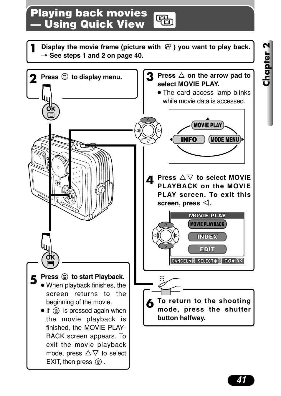 Playing back movies — using quick view, Chapter 2 | Olympus C-40Zoom User Manual | Page 41 / 203