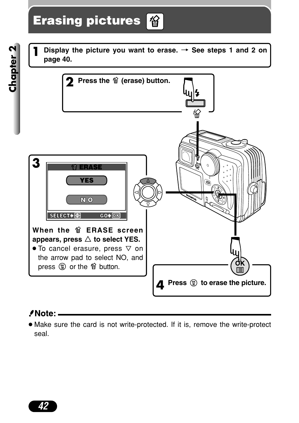 Erasing pictures, 3erasing pictures | Olympus C-40Zoom User Manual | Page 42 / 203