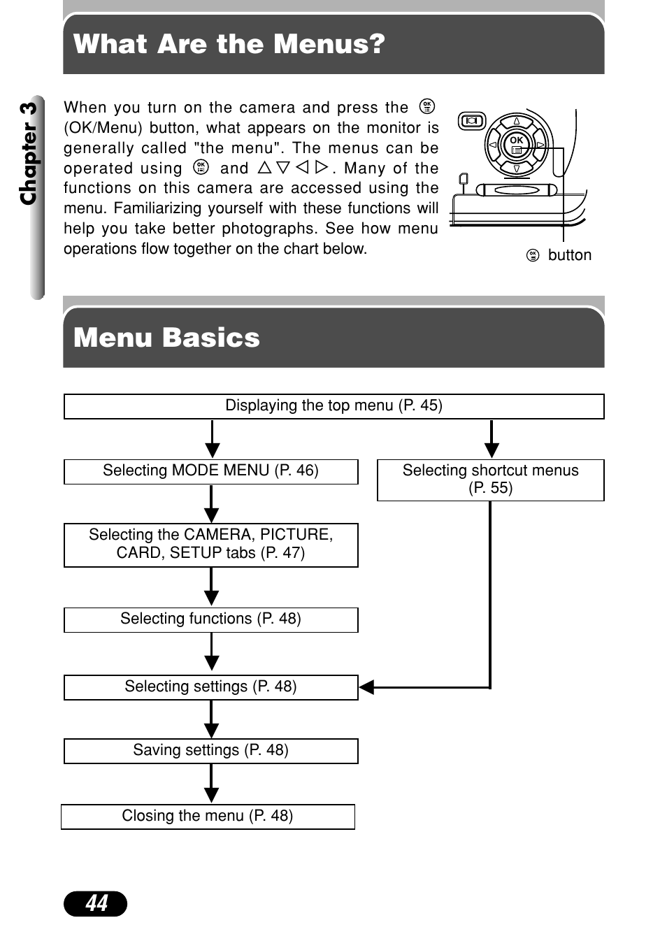 What are the menus, Menu basics, What are the menus? menu basics | Chapter 3 | Olympus C-40Zoom User Manual | Page 44 / 203