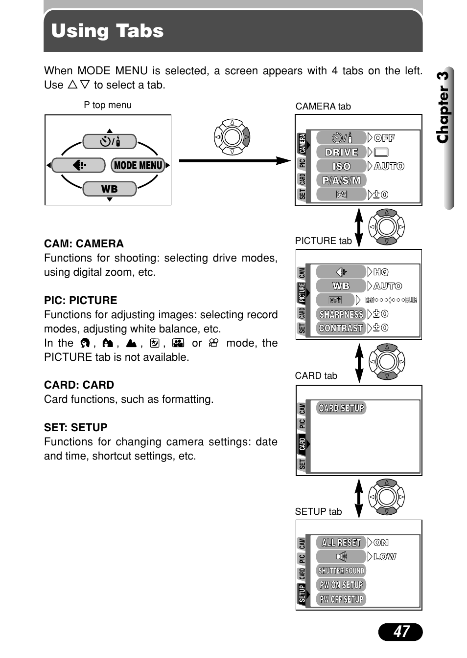 Using tabs, Chapter 3 | Olympus C-40Zoom User Manual | Page 47 / 203