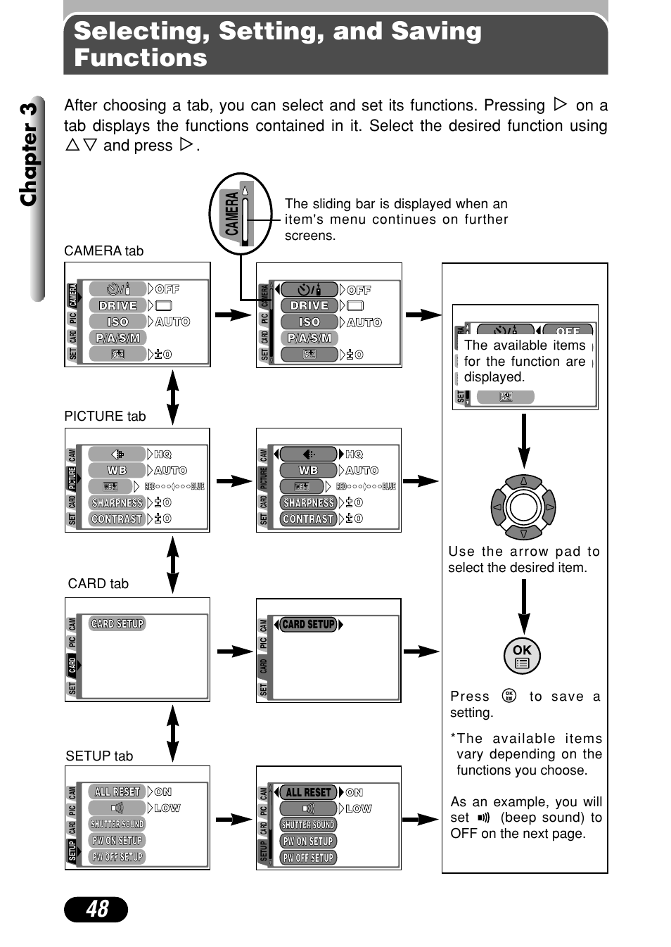 Selecting, setting, and saving functions, Chapter 3, Camera | And press | Olympus C-40Zoom User Manual | Page 48 / 203