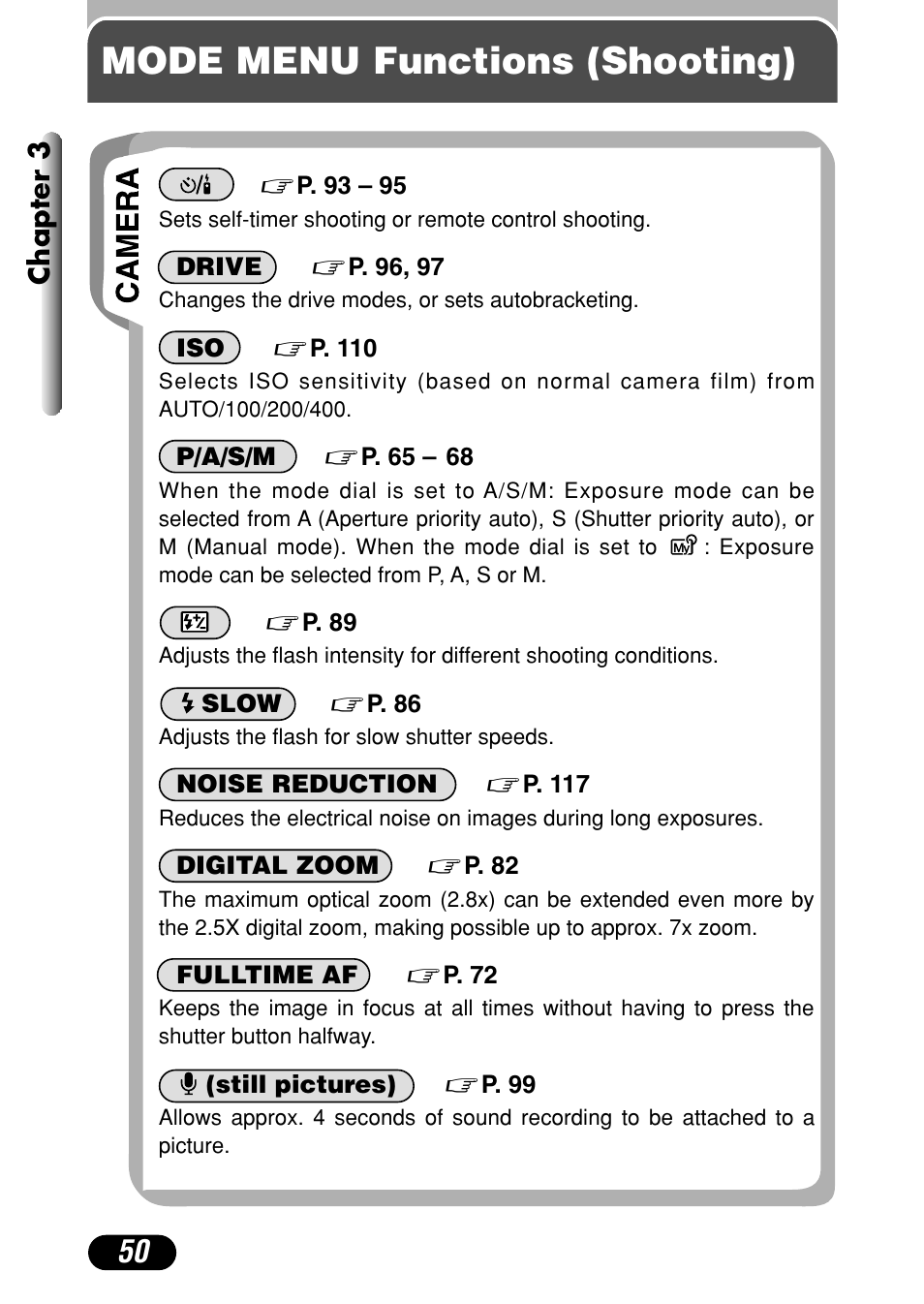 Mode menu functions (shooting), Chapter 3 | Olympus C-40Zoom User Manual | Page 50 / 203