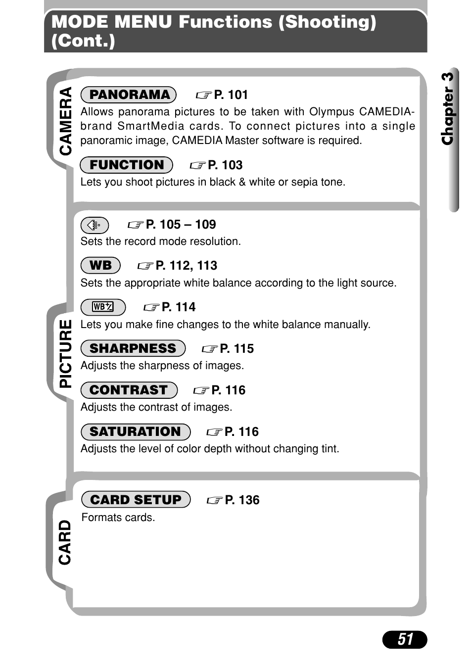 Mode menu functions (shooting) (cont.) | Olympus C-40Zoom User Manual | Page 51 / 203