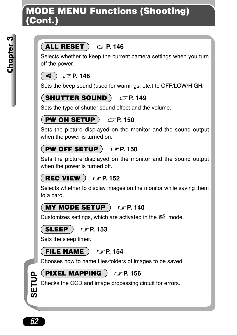 Mode menu functions (shooting) (cont.), Chapter 3 | Olympus C-40Zoom User Manual | Page 52 / 203