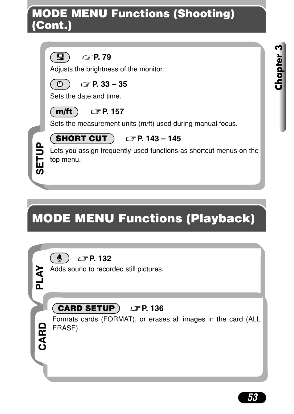 Mode menu functions (playback), Mode menu functions (shooting) (cont.) | Olympus C-40Zoom User Manual | Page 53 / 203