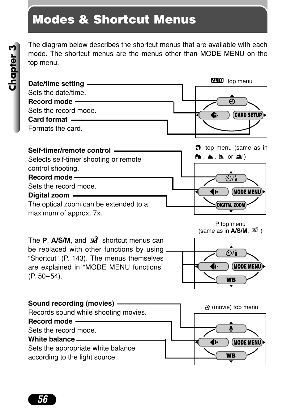 Modes & shortcut menus, Chapter 3 | Olympus C-40Zoom User Manual | Page 56 / 203