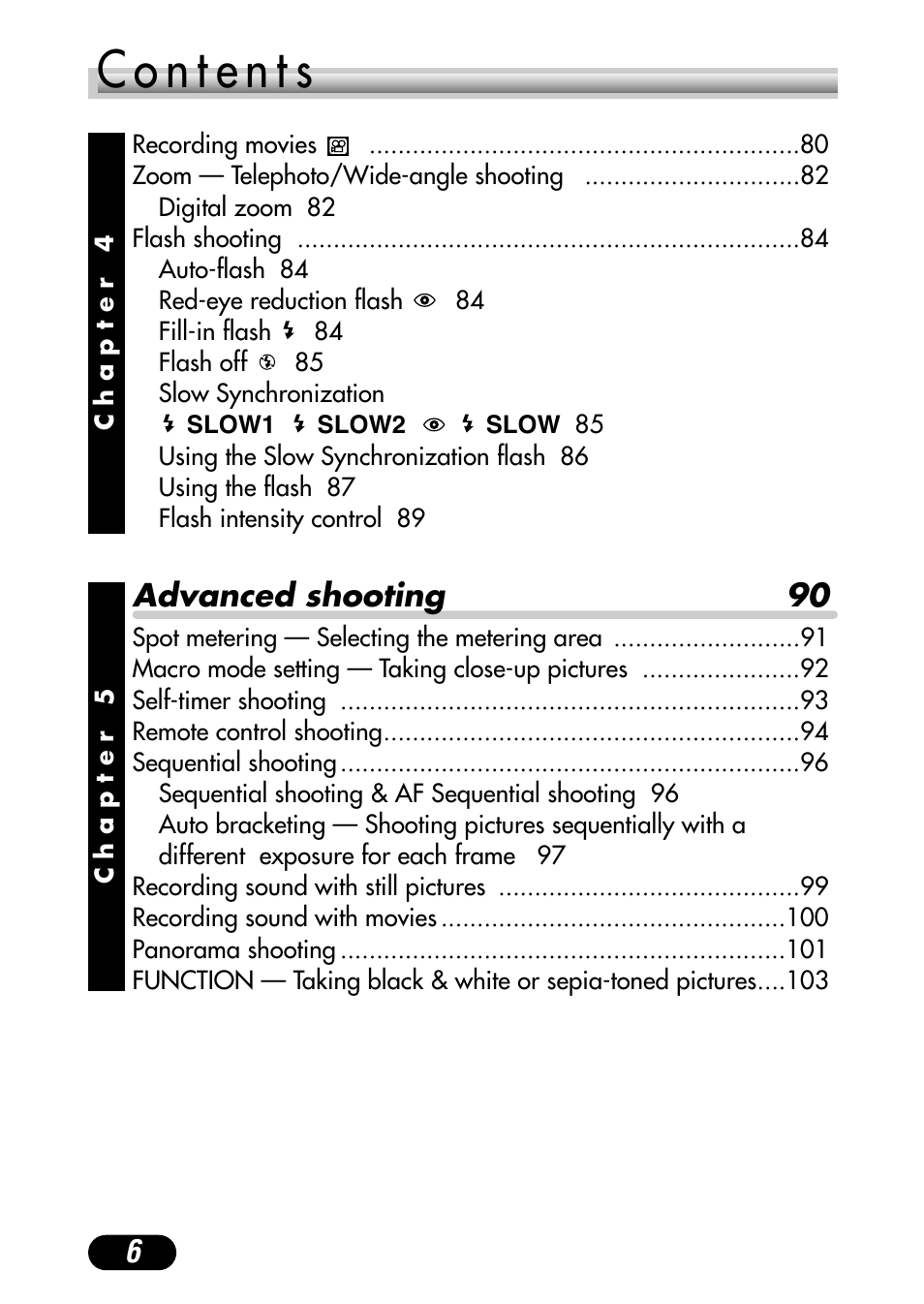 Advanced shooting 90 | Olympus C-40Zoom User Manual | Page 6 / 203