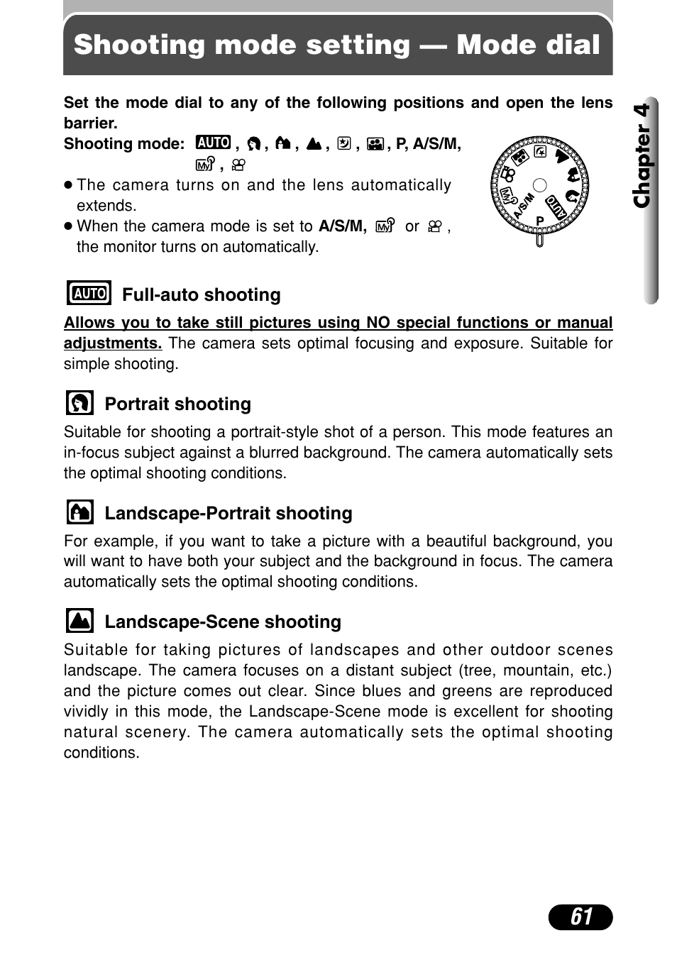 Shooting mode setting — mode dial, Chapter 4 | Olympus C-40Zoom User Manual | Page 61 / 203