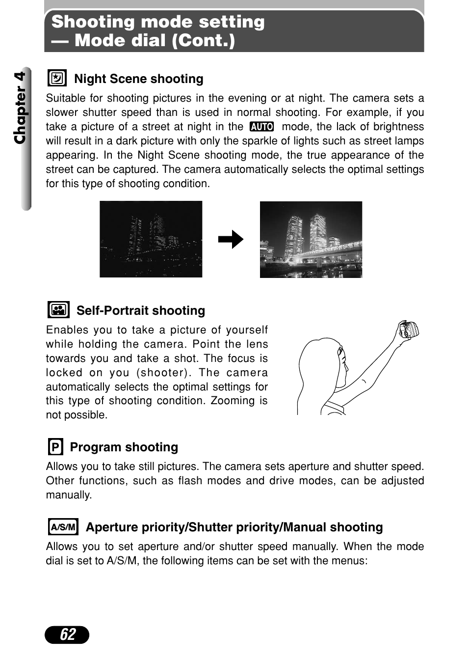 Shooting mode setting — mode dial (cont.) | Olympus C-40Zoom User Manual | Page 62 / 203