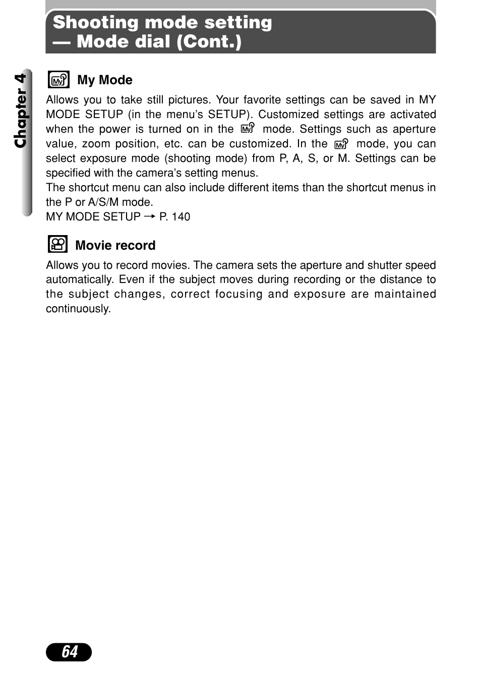 Shooting mode setting — mode dial (cont.) | Olympus C-40Zoom User Manual | Page 64 / 203