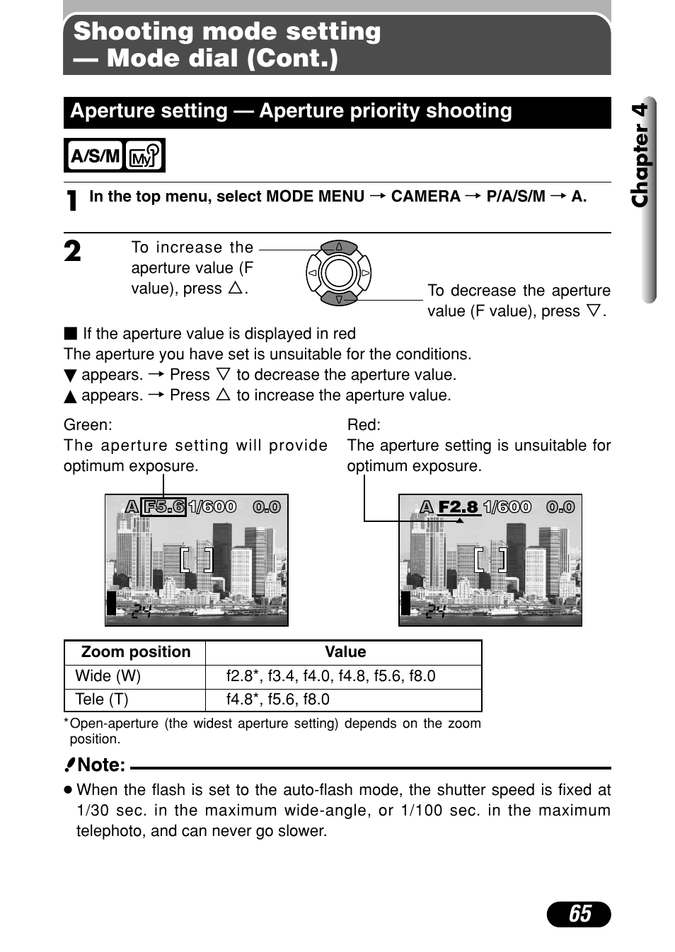 Aperture setting — aperture priority shooting 65, Shooting mode setting — mode dial (cont.), Chapter 4 | Aperture setting — aperture priority shooting | Olympus C-40Zoom User Manual | Page 65 / 203