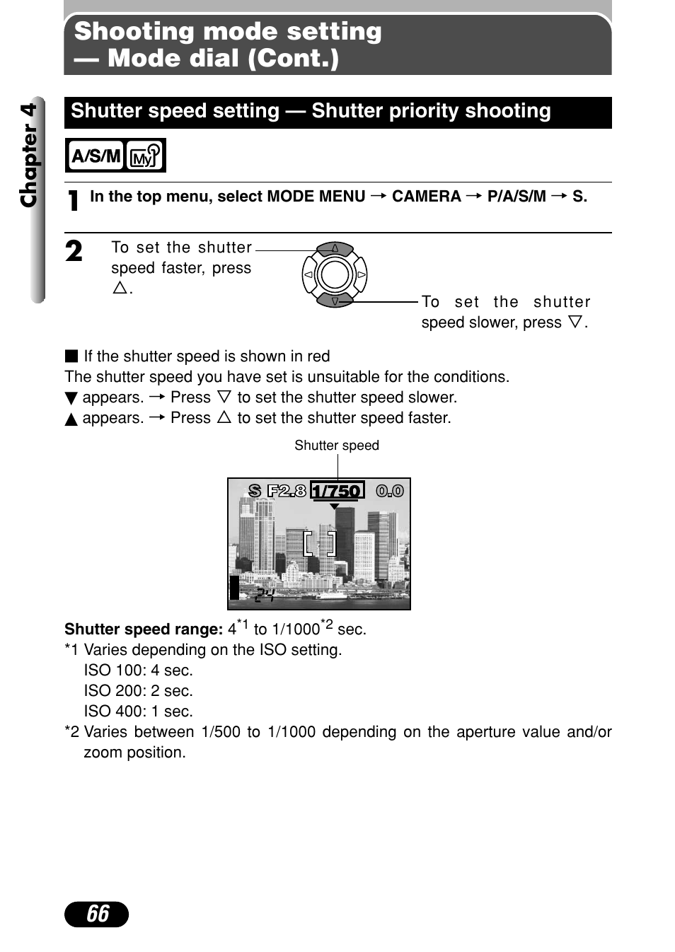 Shooting mode setting — mode dial (cont.), Chapter 4, Shutter speed setting — shutter priority shooting | Olympus C-40Zoom User Manual | Page 66 / 203