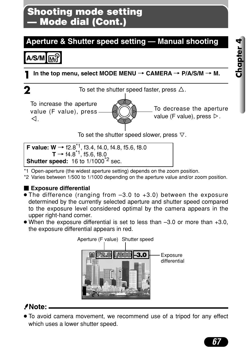 Shooting mode setting — mode dial (cont.), Chapter 4, Aperture & shutter speed setting — manual shooting | Olympus C-40Zoom User Manual | Page 67 / 203